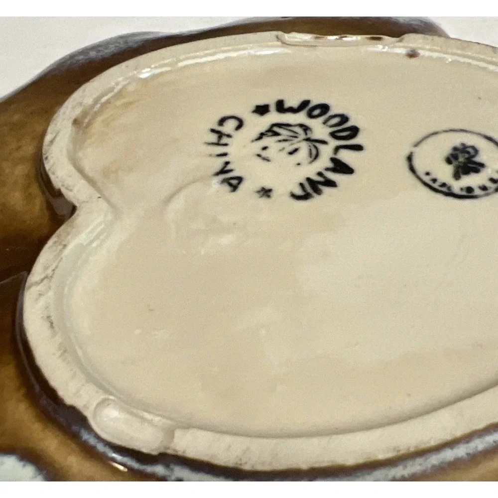 Vintage Woodland Drip Glaze Art Pottery Leaf Serving‎ Tray Trinket White Brown